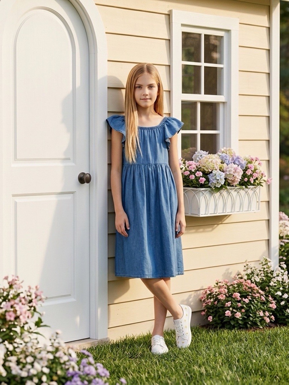 Roxy Chambray Ruffle Sleeve Dress Girls Size Small 7/8